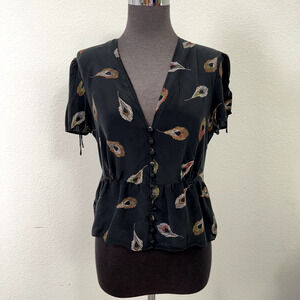 Madewell Bouse Women 6 Black Grey Silk Belle Top Peacock Feather Print V-Neck
